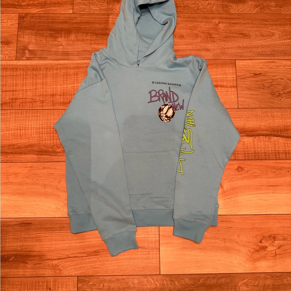 Chrome Hearts Light Blue Hoodie with Purple & Neon Green Graphics